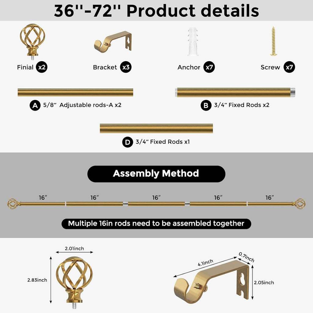 Gold Curtain Rod, Brushed Brass Decorative Curtain Rods for Windows with Twisted Cage Finials, 3/4"