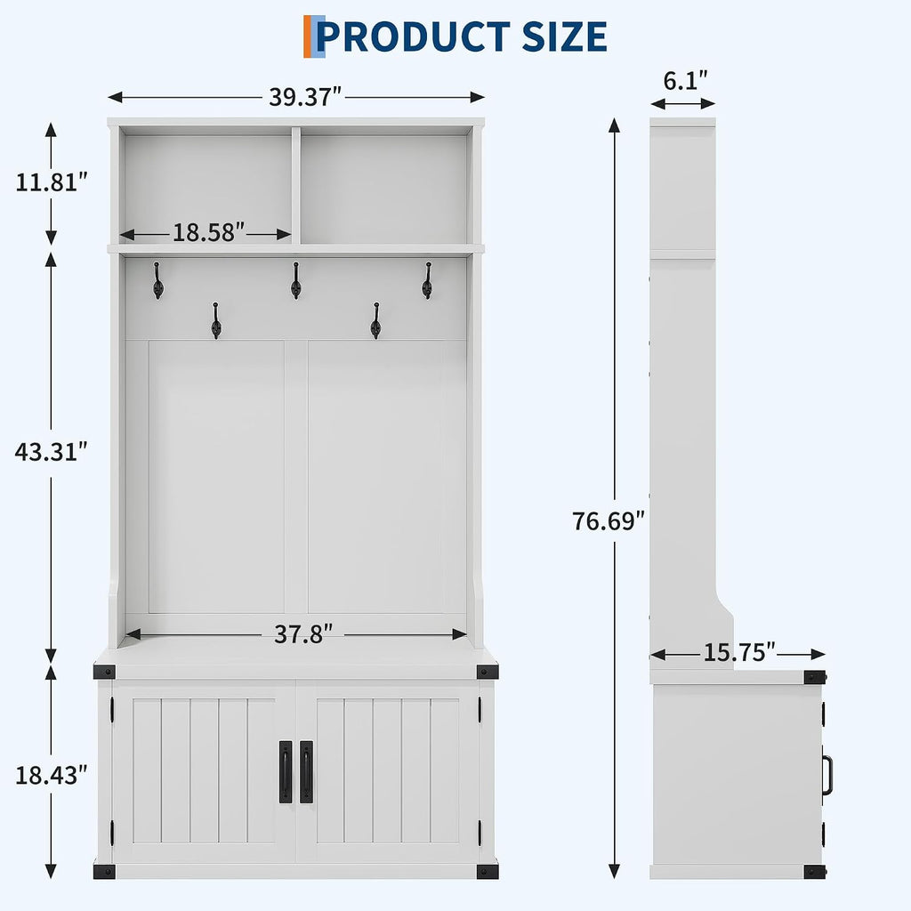 Farmhouse Hall Tree with Bench and Shoe Storage, 77" Tall Entryway Hall Tree w/ 5 Tri-Hooks Coat Rack, Mudroom Rack