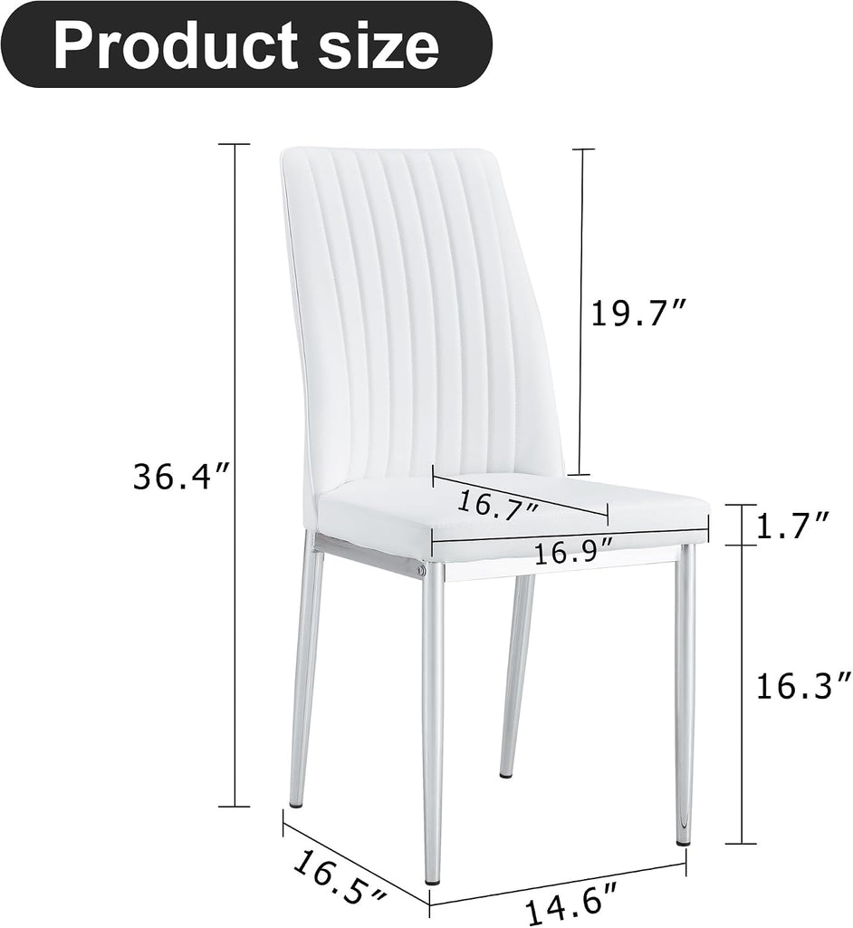 White Leather Chair, Modern Dining Chair Set of 4 with PU Leather and Chrome Leg, Sillas de Comedor with High Back