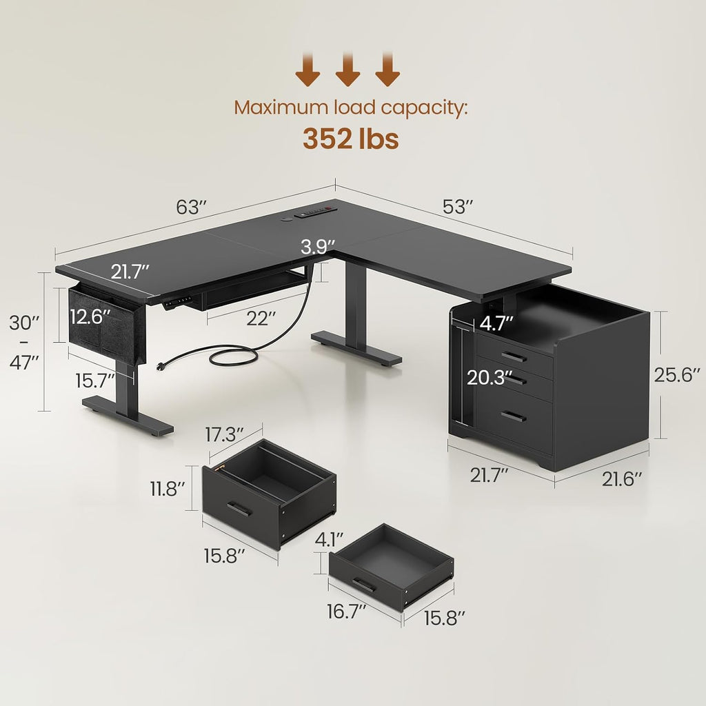 L Shaped Standing Desk with File Cabinet, 3 Drawers, Power Outlet