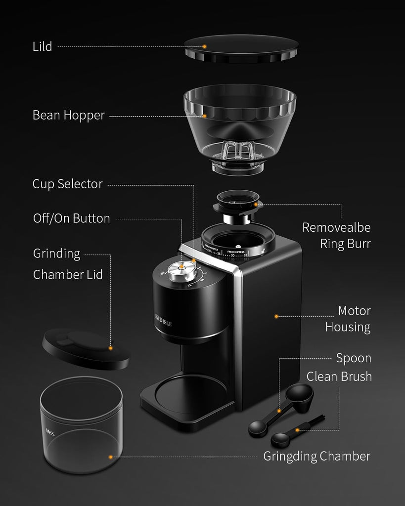 Conical Burr Coffee Grinder, Electric Coffee Bean Grinder for Precise Grinding, 35 Settings, 2-12 Cup Selector