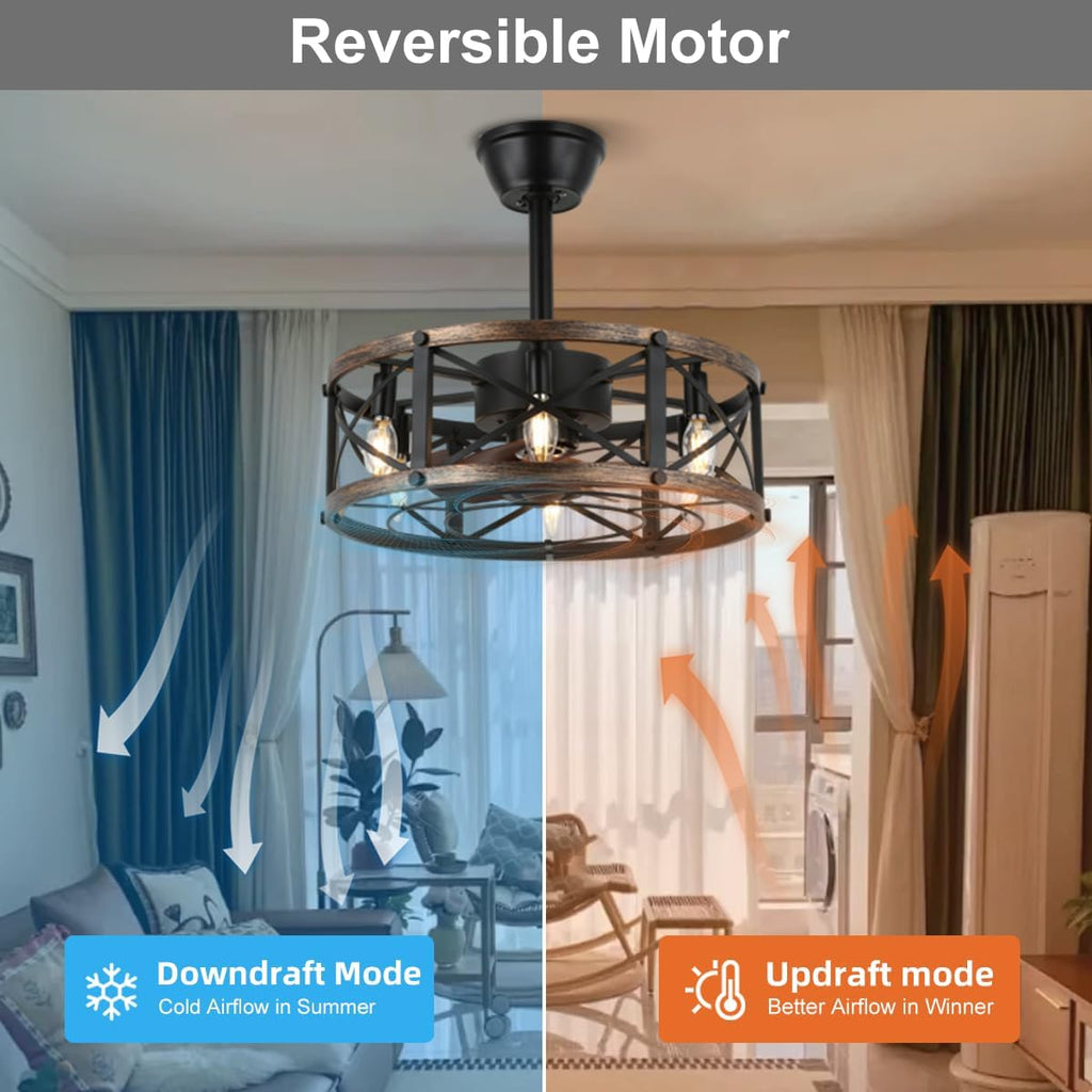 19" Farmhouse Fandelier Ceiling Fan with Light, Caged Bladeless Ceiling Fans with Lights and Remote, Modern Small Enclosed Ceiling Fans with Lights for Living Room, Bedroom, Black