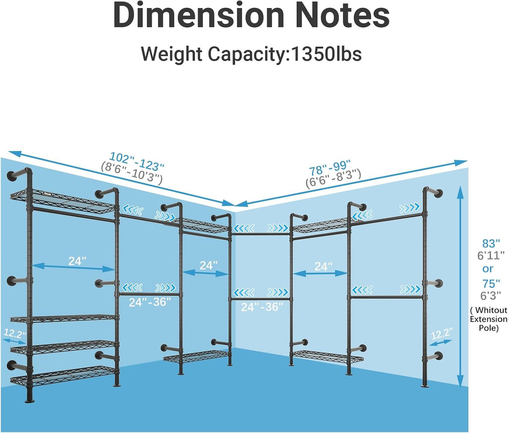 L6 Closet Rack Wall Mount for Corner - Expandable Industrial Pipe Closet , Heavy Duty Hanging Garment Rack, Closet