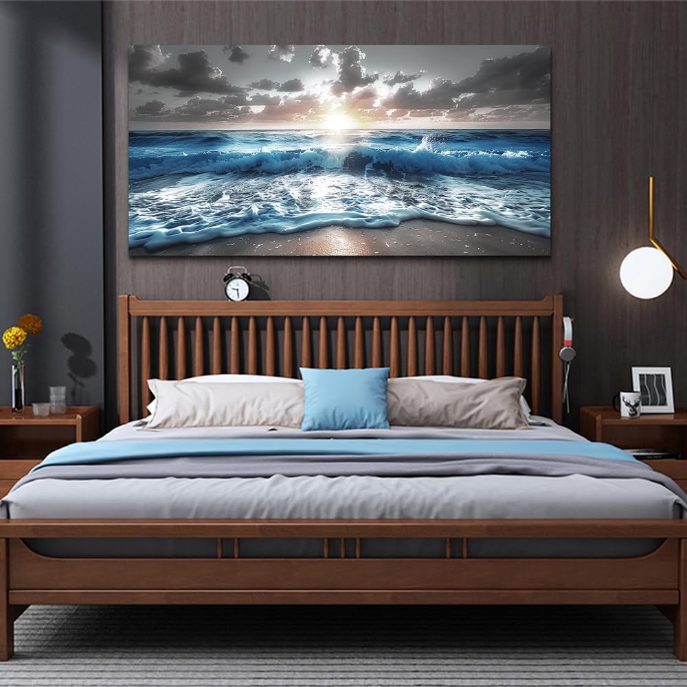 Blue Sea Waves Wall Pictures Framed Wall Art Canvas Wall Decor Sunshine Beach Painting Bedroom Home Decorations