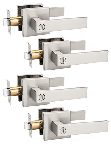 4 Pack Privacy Square Brushed Nickel Door Handles Interior, Keyless Door Knobs /Bathroom, Reversible for Left Right