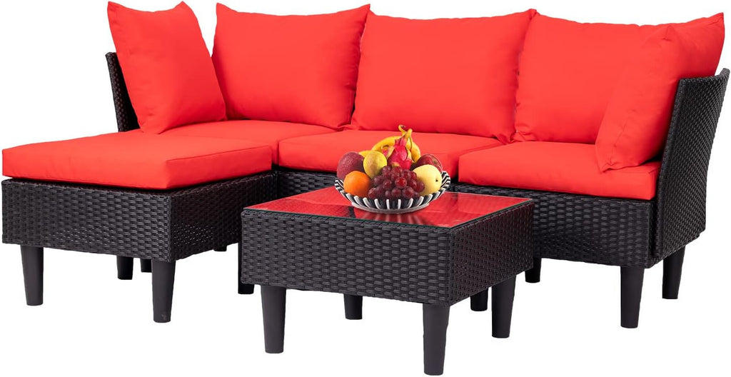 Patio Furniture Sets 5 Pieces Outdoor Wicker Conversation Set Sectional Sofa Rattan Chair for Outdoor Backyard Porch Poolside Balcony Garden Furniture with Coffee Table,Red Cushion A106-B0BDKM45C8