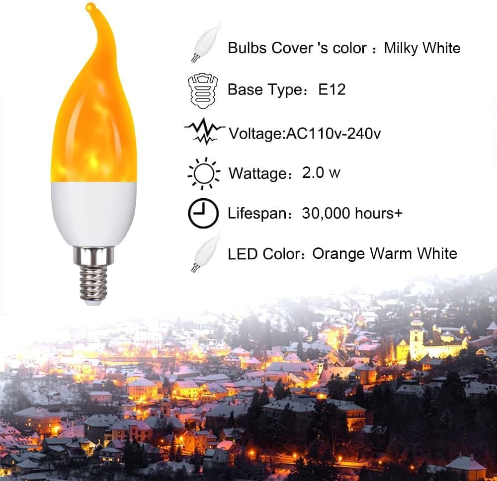 E12 Flame Bulbs 2 Packs, 3 Mode LED Candelabra 2.0 Watt Warm White Chandelier 1800k Candle Light Bulbs, Flame Tip for