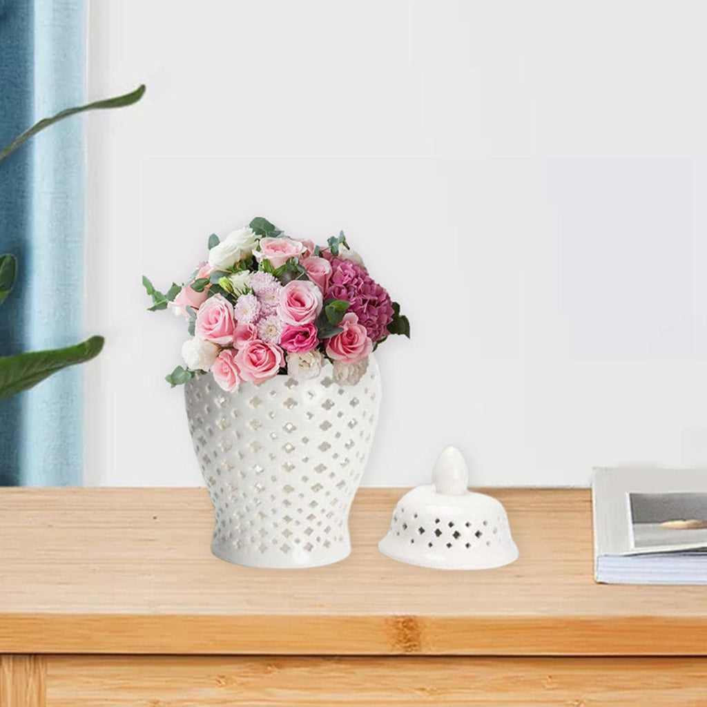 Ceramic Ginger Jar Display Lattice Hollow Vase Temple Storage Handicraft Ornament for Desktop Office Countertop Decor