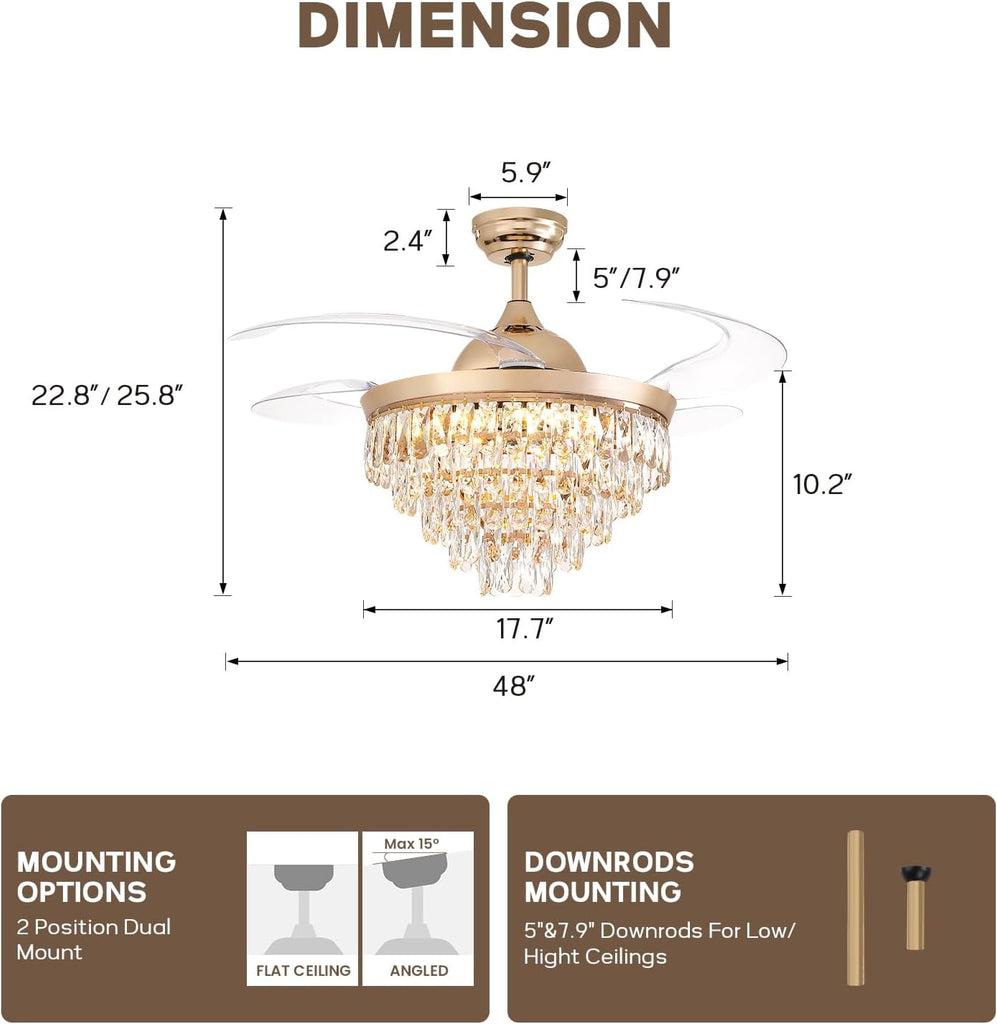 48" Crystal Ceiling Fans with Lights and Remote, Dimmable, 6 Speeds, Luxury Chandelier Fan Rose Gold Crystal Fandelier