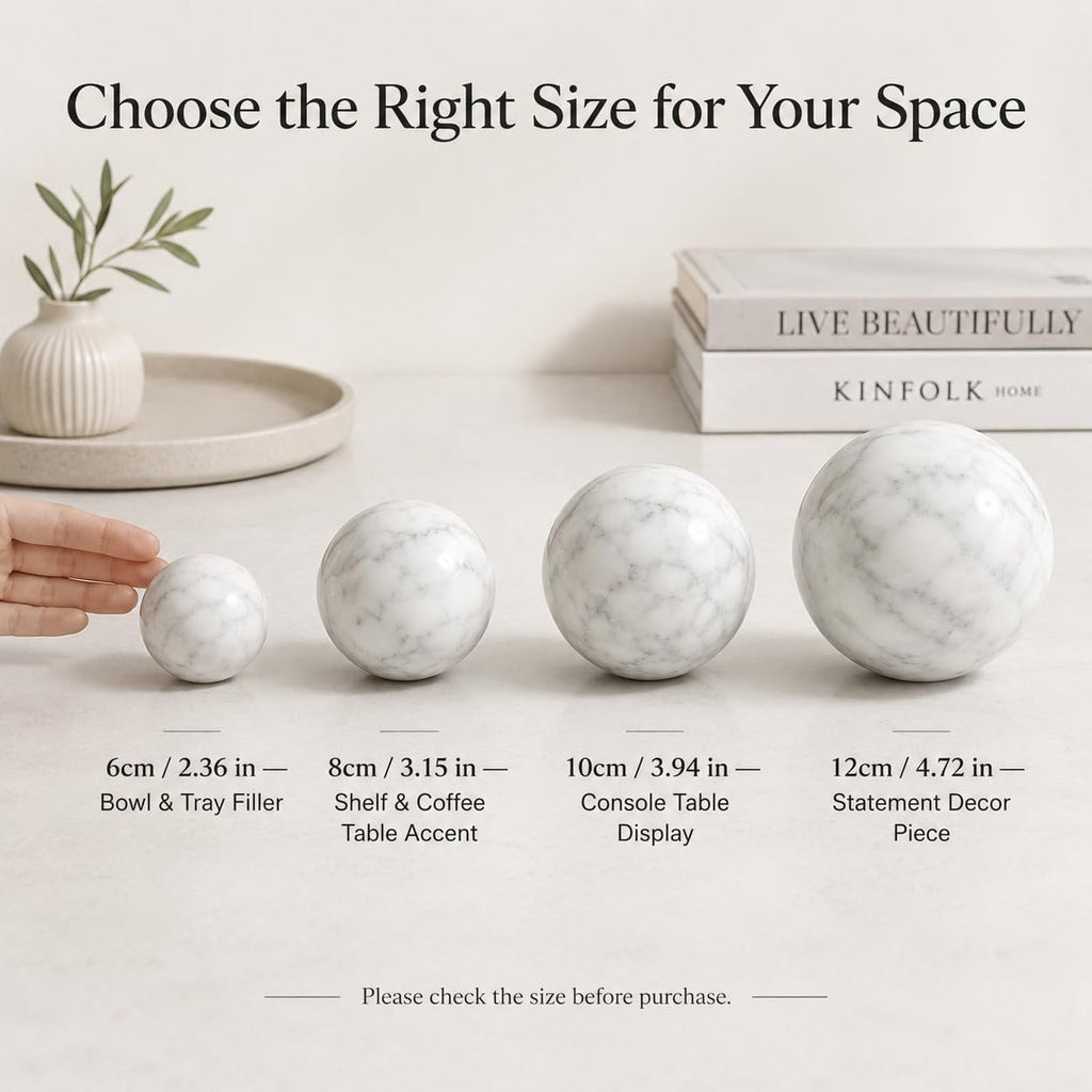 White Marble Decorative Sphere, 6cm Natural Stone Orb | 2.36 in Small Stone Bowl Filler Balls for Tray Styling, Shelf
