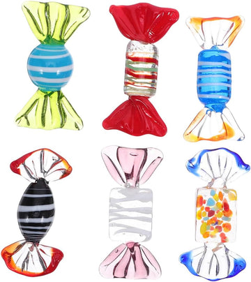 Murano Style Glass Candy Figurines, Hand-Blown Vintage Fake Sweets Bowl Fillers for Table Centerpiece, Colorful - Set of 6
