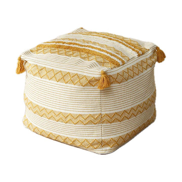 Unstuffed Tufted Ottoman Tassel Square Pouf, Yellow, 18x18x16 inches
