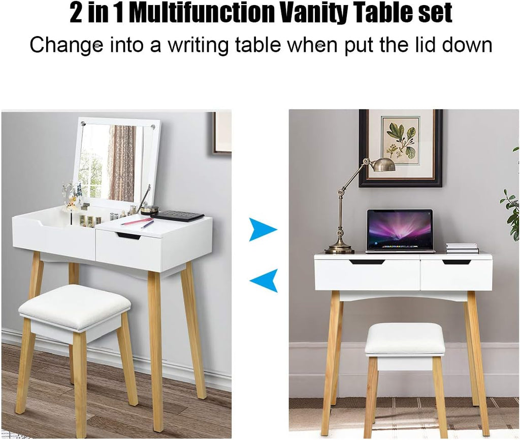 Vanity Table with Flip Top Mirror and Stool, Wooden Makeup Table Writing Desk with Drawer, Storage Compartment
