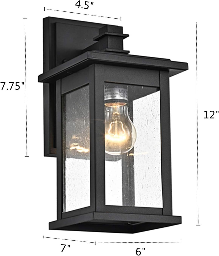 2-Pack Black Outdoor Wall Sconce, 12-Inch Modern Square Exterior Light Fixtures with Clear Seedy Glass
