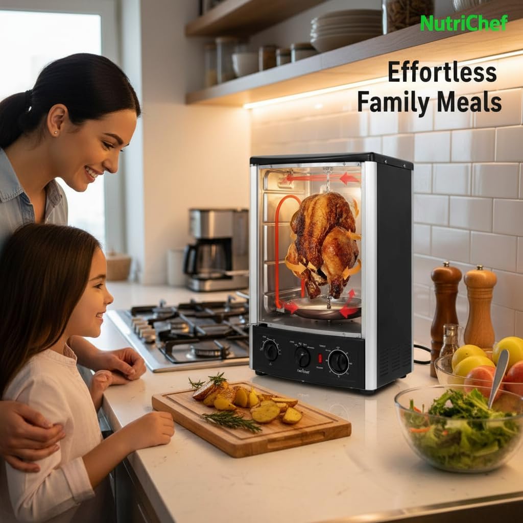 Multi-Function Rotisserie Countertop Oven | 24 Quart Vertical Glass Door Convection Oven, for Rotisserie Roasting & Broiling | Timer & Temperature Control | 13.4 x 12.2 x 18.9