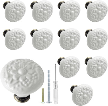 12 Pcs White Ceramic Kitchen Cabinet Knobs and Pulls, Retro Vintage Round Drawer Knobs, Decorative Closet Door Handles