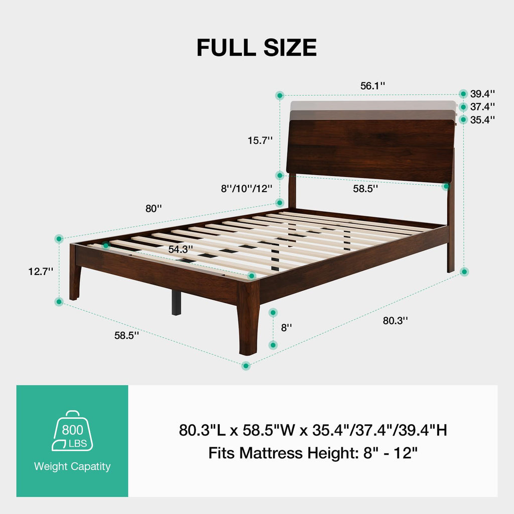 Full Size Bed Frame with 3-Level Adjustable Storage Headboard, Solid Wood Platform Bed Frame with Slats, No Box