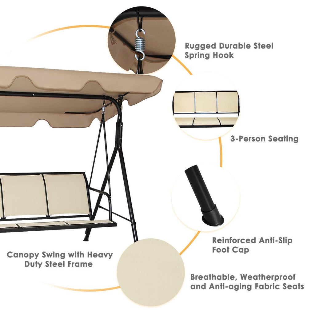 3 Person Patio Swing, Steel Frame with Polyester Angle Adjustable Canopy, All Weather Resistant Swing Bench, Suitable