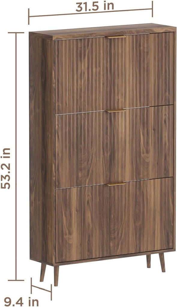 Shoe Cabinet Storage,Modern Freestanding Organizer with 3 Flip Drawers,Narrow Shoe Rack Cabinet ,Walnut