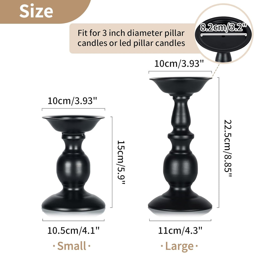 Black Candle Holder for Pillars: Rustic Metal Candle Stands Set | Tall Retro Farmhouse Candleholder 2 Pcs (S + L) for