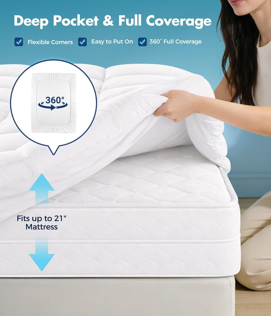 Queen Cotton Mattress Topper, Extra Thick Pillow Top Mattress Pad | 100% Pure Cotton Surface, Cooling Plush Bed