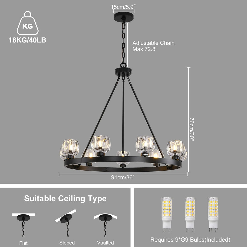 Black Wagon Wheel Chandelier, 36 Inch Black Chandeliers with Unique Glass Shade, 9-Light Crystal Farmhouse Wagon Wheel Chandeliers for Dining Room, Round Chandelier for Living Room, Foyer, Entryway