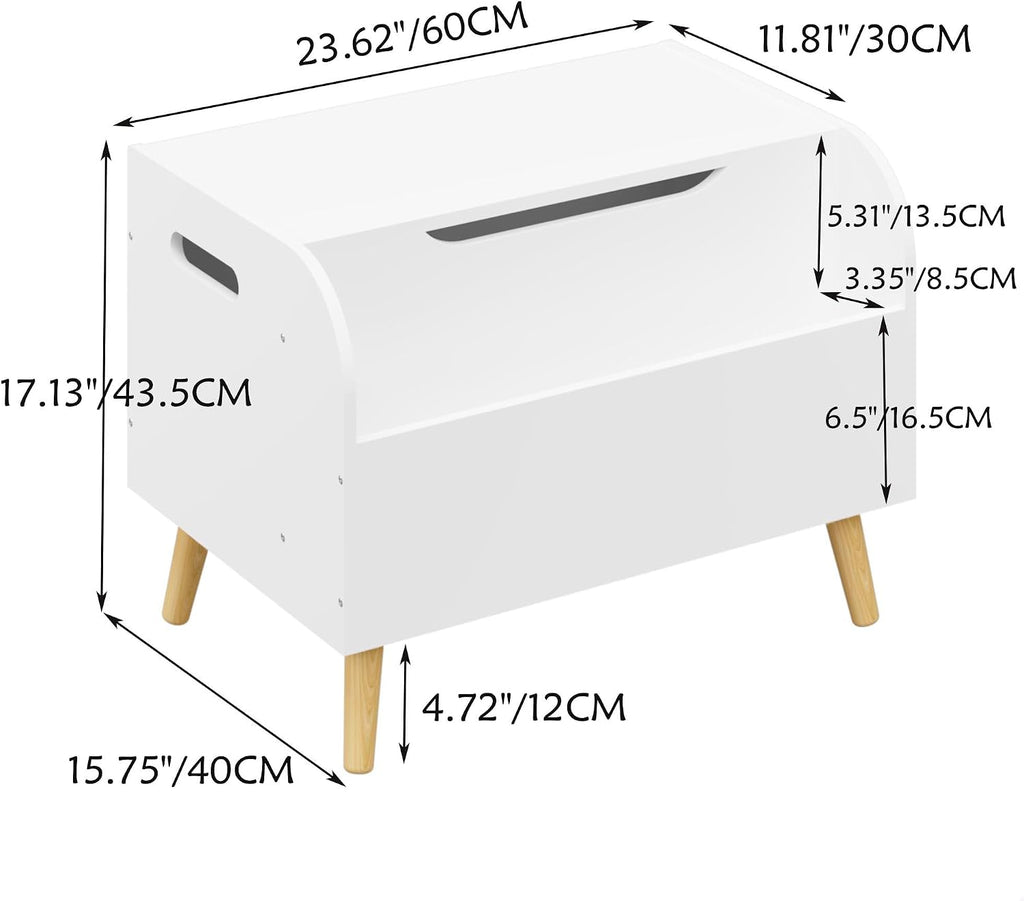 Large Toy Box Storage with 4 Wood Legs, Kids Toy Organizer with Front Bookshelf, Flip-Top Lid, Safety Hinge, Wooden