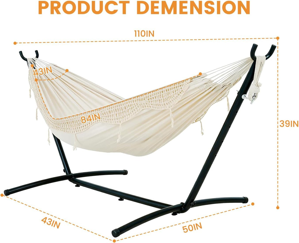 9FT Double Hammock with Sturdy Steel Stand and Durable Fabric, Camping Lace Hammocks Include Portable Carrying Case