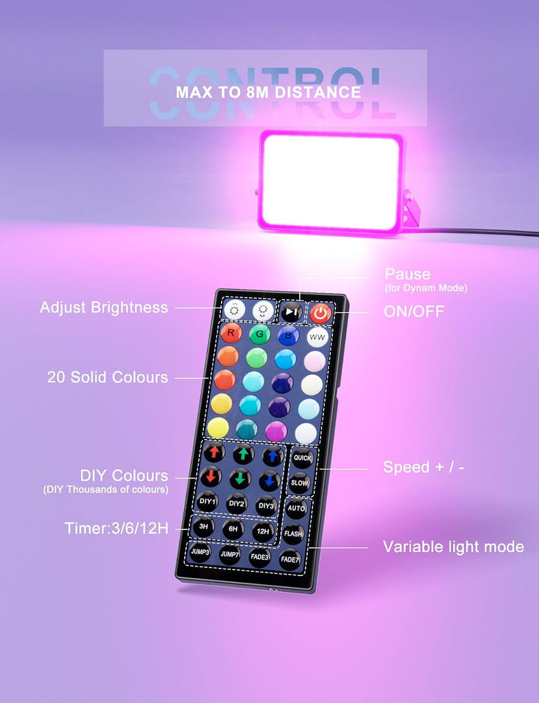 LED Flood Light Outdoor 500W Equiv, 50W RGBW Color Changing Outdoor Floodlights with Remote, Uplighting Indoor IP66