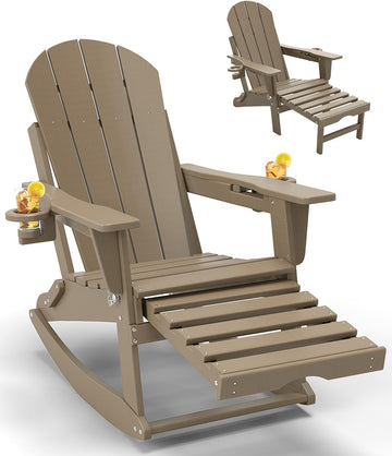 Folding Adirondack Rocking Chair with Retractable Ottoman, Brown | Folding Rocking Chair with Two Cup Holders ,High