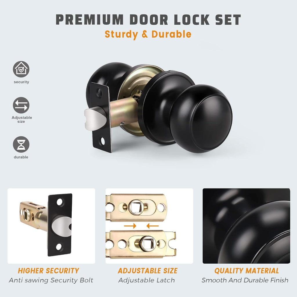 6 Pack Matte Black Door Knob - Round Interior Door Handles , Non-Locking Passage Door Knobs with Durable Lockset