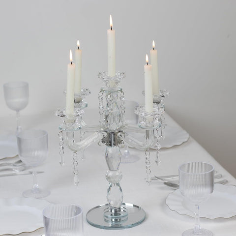 Crystal 5-Arm Candelabra Taper Candle Holder with Hanging Prisms & Round Mirror Base - Faceted Cut Glass Design - 14"