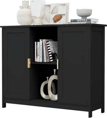 Black Buffet Cabinet,Modern Narrow Sideboard Buffet Cabinet Wooden Side Table with Storage,Black Accent Cabinets