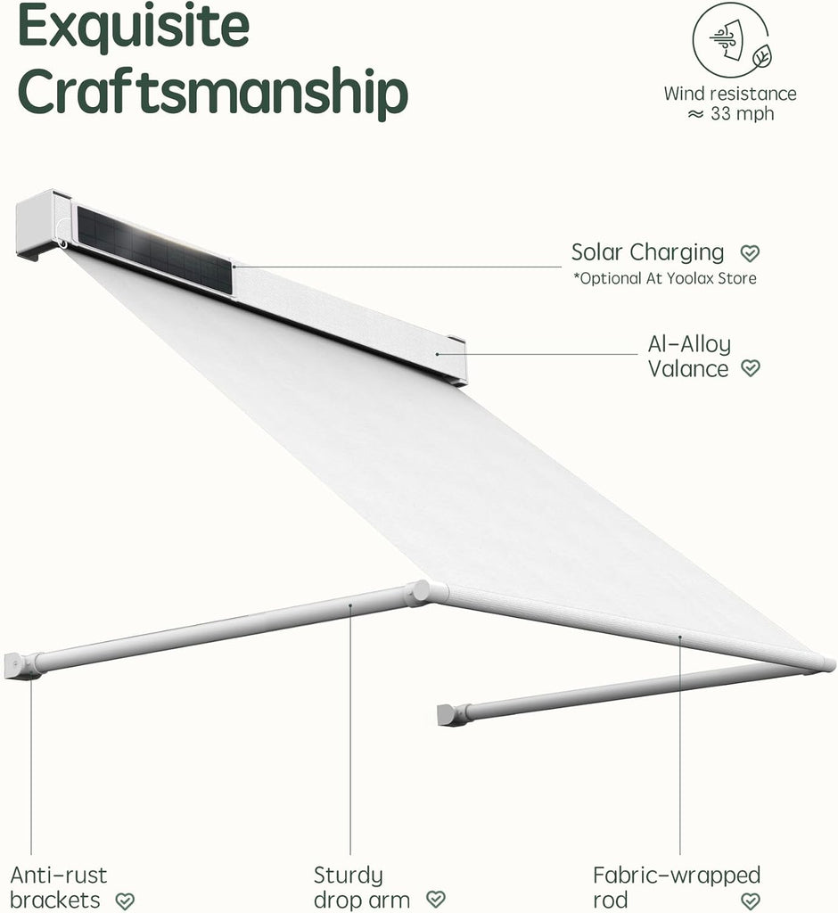 Motorized Retractable Patio Awning, Solar Powered, 0-160° Adjustable | Outdoor Electric Drop Arm Retractable Awning