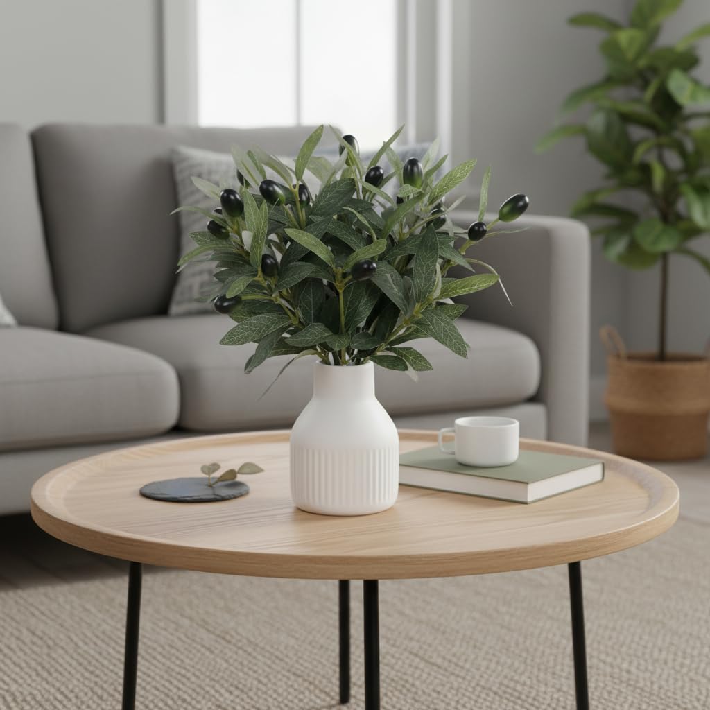 10Pcs Faux Olive Branches with Ceramic Vase