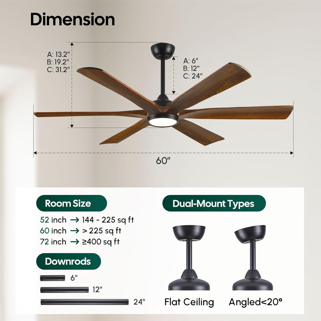 60 Inch Ceiling Fan with Light and Remote, Rustic Farmhouse Style, 6 Brown Solid Wood Blades