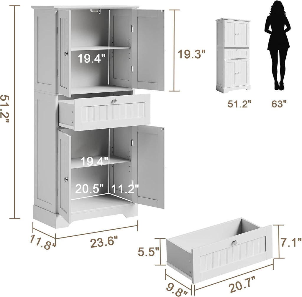 51" H Bathroom Floor Cabinet with Drawers and Adjustable Shelves | Bathroom Storage Cabinet, Freestanding Kitchen