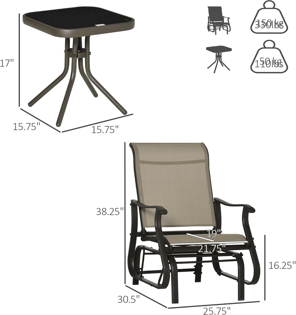 3-Piece Outdoor Gliders Set Steel Frame Patio Gray | Bistro Table and Chairs, Tempered Glass Top Table, Garden