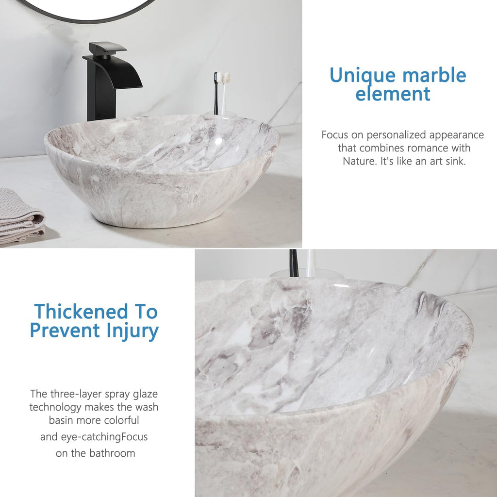 Ceramic Vessel Sinks Oval Bathroom Sink Above Counter Vessel Sink with Faucet and Drain Combo 16 inch Marbling Vessel
