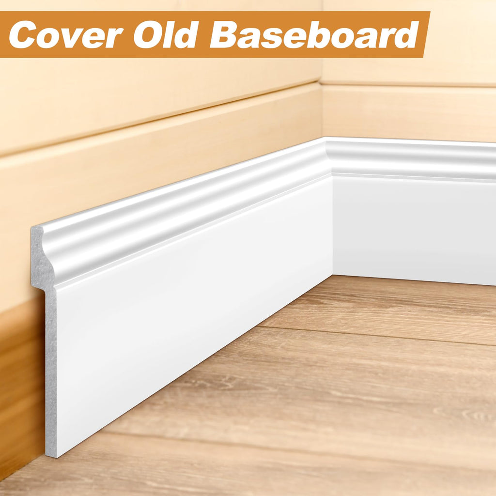 4 Pcs 39.4 x 5.5 in White Wall Baseboard Covers Skirting Board Covers for 4.13 x 0.5in Baseboard Trim Polystyrene
