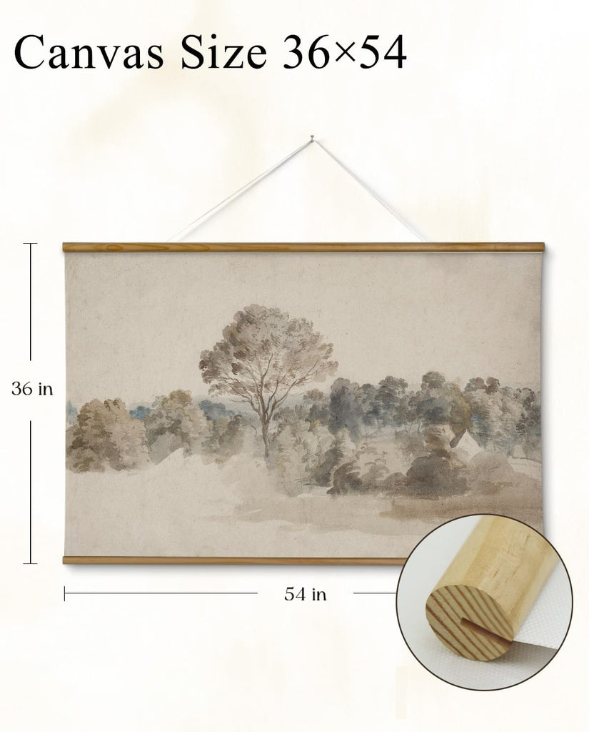 Extra Large Size Canvas Wall Art, 36x54 Vintage Scroll Hanging Landscape Print, Rustic Watercolor Countryside Scene