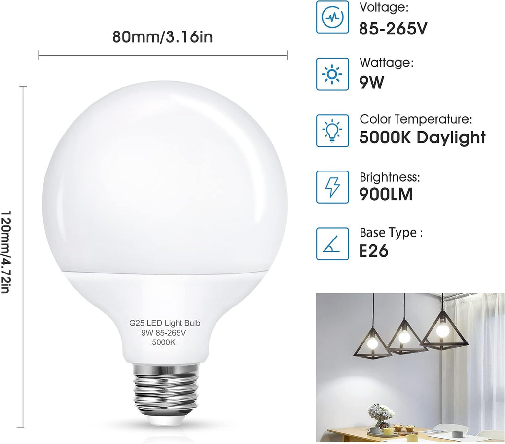 G25 LED Vanity Light Bulbs, 100W LED Globe Bulb Equivalent, 9W Vanity Bulbs for Bathroom, 5000K Daylight White 900LM (4 Pack)