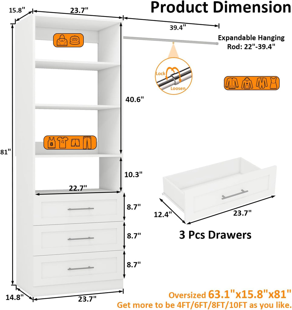Closet System with 3 Drawers & 4 Shelves, Wood Closet Organizer System with 1 Extra Hanging Rod for Walk in Closet
