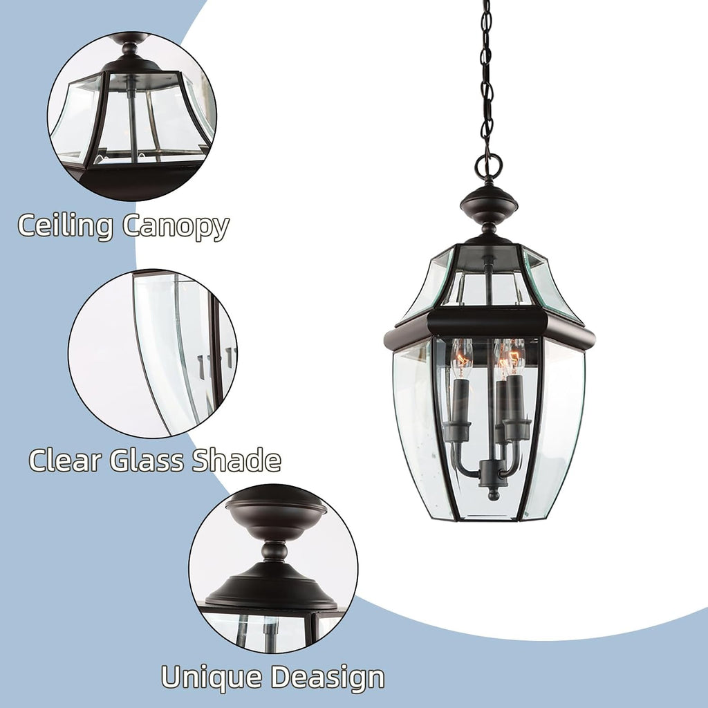 Large Outdoor Pendant Light Fixture 3-Light, 20in Modern Bronze Outdoor Chandelier Hanging Porch Light