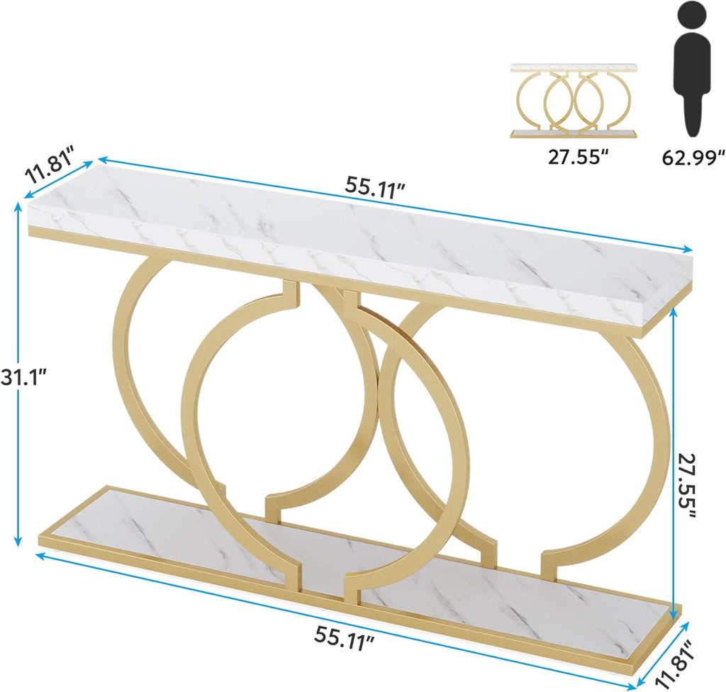 Gold Console Table, 55 inch Modern Entryway Table with Geometric Metal Frame, Faux Marble Narrow Long Sofa Table