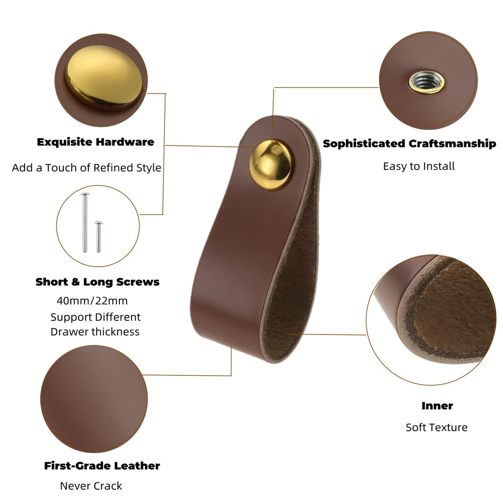 10 Pack Leather Drawer Pulls with Short and Long Screws, Brown