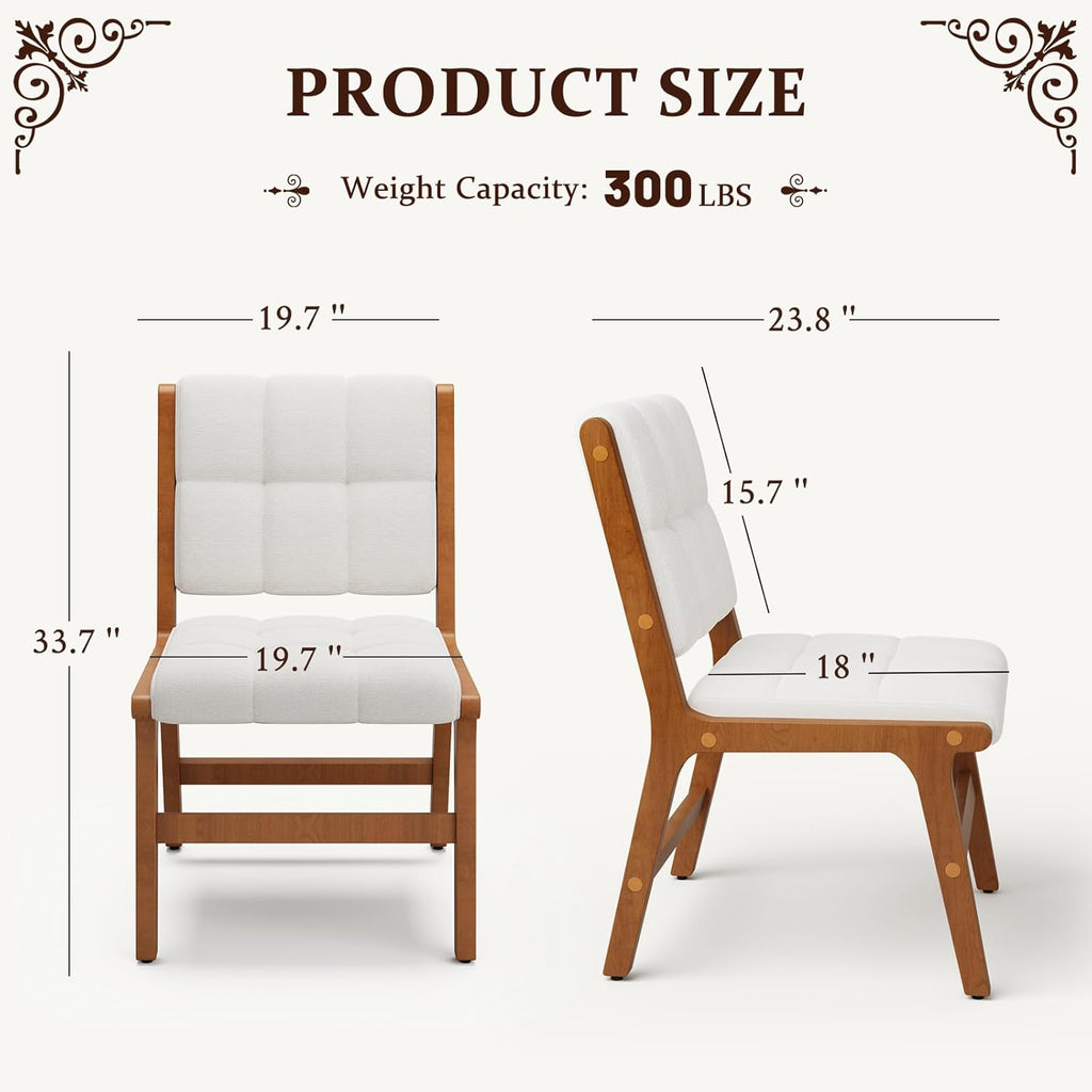 Oak Wooden Dining Chairs Set of 2, Mid-Century Modern Linen Fabric Upholstered Kitchen