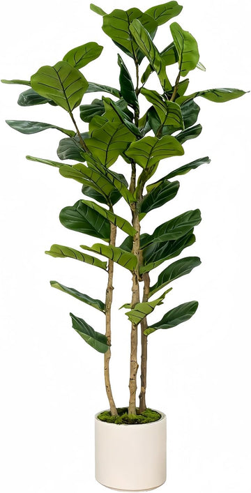 Artificial Fiddle Leaf Fig Tree 6FT with White Tall Planter-Large Faux Tree Tall Fake Floor Plant in Pot,Artificial