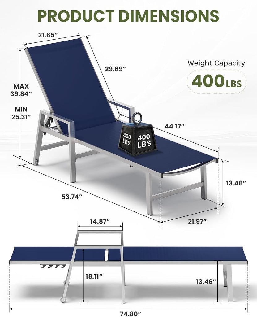 Patio Chaise Lounge Chair Outdoor Set of 2 with Wheels&Armrests, Aluminum Pool Lounge Chairs Five-Position Adjustable