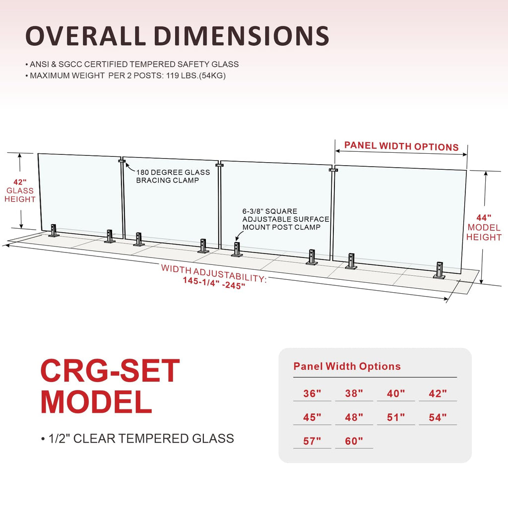4-Panel Tempered Glass Railing System, 233-236" W x 44" H Deck Railing Kit